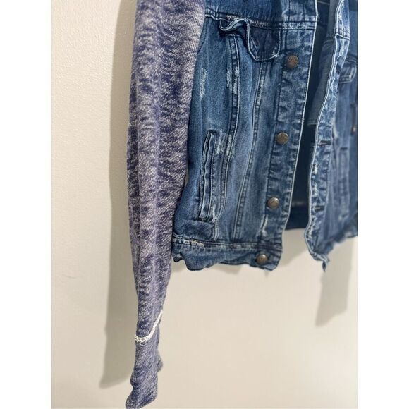 Free People Distressed Denim Jacket with Knit Sleeves & Hood Women's Size Small - Picture 4 of 11
